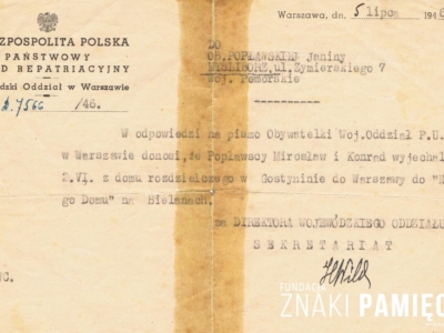 Pismo do Janiny Popławskiej z Państwowego Urzędu Repatriacyjnego w sprawie losów jej dzieci – Mirosława i Konrada Popławskich, repatriowanych ze Związku Sowieckiego do Polski i czasowo przebywających w Gostyninie