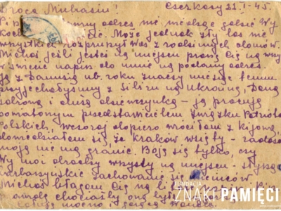 Kartka pocztowa wysłana przez deportowaną w głąb ZSRS Wandę Niezgodę z Kazachstanu do Borzęcina