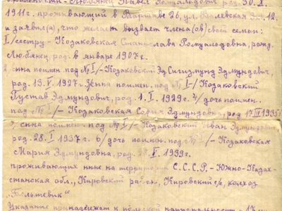      Zaproszenie-zobowiązanie się Pawła Lubiańca, że zaprasza do Polski i zapewni mieszkanie oraz utrzymanie rodzinie Kozakowskich (przebywającej w Kazachstanie Stanisławie z dziećmi: Zygmuntem, Janem, Marią),