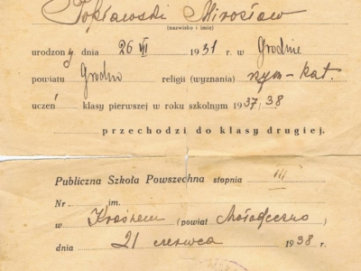      Zaświadczenie szkolne Mirosława Popławskiego o promocji do II klasy szkoły powszechnej