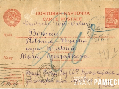 Kartka pocztowa wysłana przez deportowaną w głąb ZSRS Wandę Niezgodę z Kazachstanu do Borzęcina