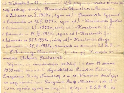      Zaproszenie-zobowiązanie się Pawła Lubiańca, że zaprasza do Polski i zapewni mieszkanie oraz utrzymanie rodzinie Kozakowskich (przebywającej w Kazachstanie Stanisławie z dziećmi: Zygmuntem, Janem, Marią),