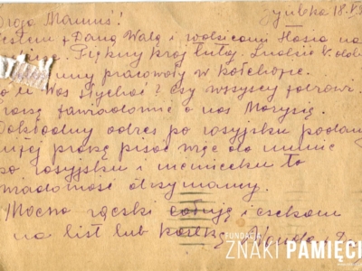      Kartka pocztowa wysłana przez deportowaną w głąb ZSRS Wandę Niezgodę z Kazachstanu do Borzęcina