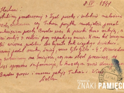 Kartka pocztowa wysłana przez Lidię Korasiewicz z Korszunówki w obwodzie irkuckim na Syberii do ojca – Kazimierza Piątkiewicza w Rogalinie w obwodzie stanisławowskim na „Zachodniej Ukrainie”