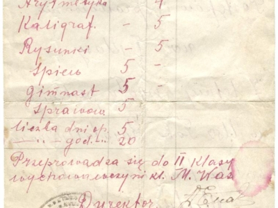      Świadectwo szkolne Jacka Małko za ukończenie I klasy szkoły polskiej Usz-Tobe za rok szkolny 1943/1944