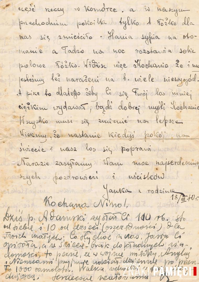  List do Janiny Popławskiej, przebywającej na zesłaniu na Syberii, wysłany przez Janinę Nizińską