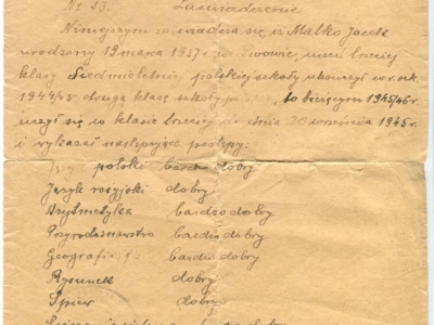 Świadectwo szkolne Jacka Małko za ukończenie III klasy szkoły polskiej w Usz-Tobe