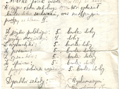 Świadectwo szkolne Jacka Małko za ukończenie II klasy szkoły polskiej Usz-Tobe