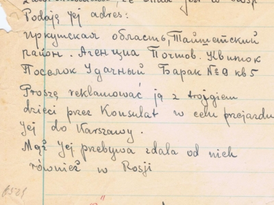 List do Janiny Nizińskiej z podanym adresem pobytu na zesłaniu na Syberii Janiny Popławskiej oraz krótką informacją o losie jej męża