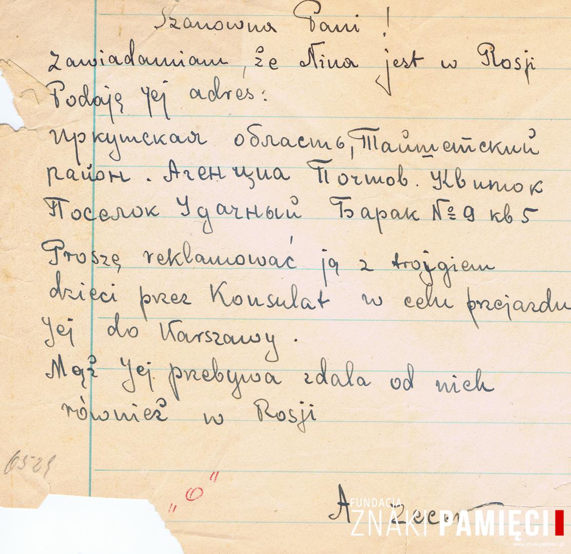 List do Janiny Nizińskiej z podanym adresem pobytu na zesłaniu na Syberii Janiny Popławskiej oraz krótką informacją o losie jej męża
