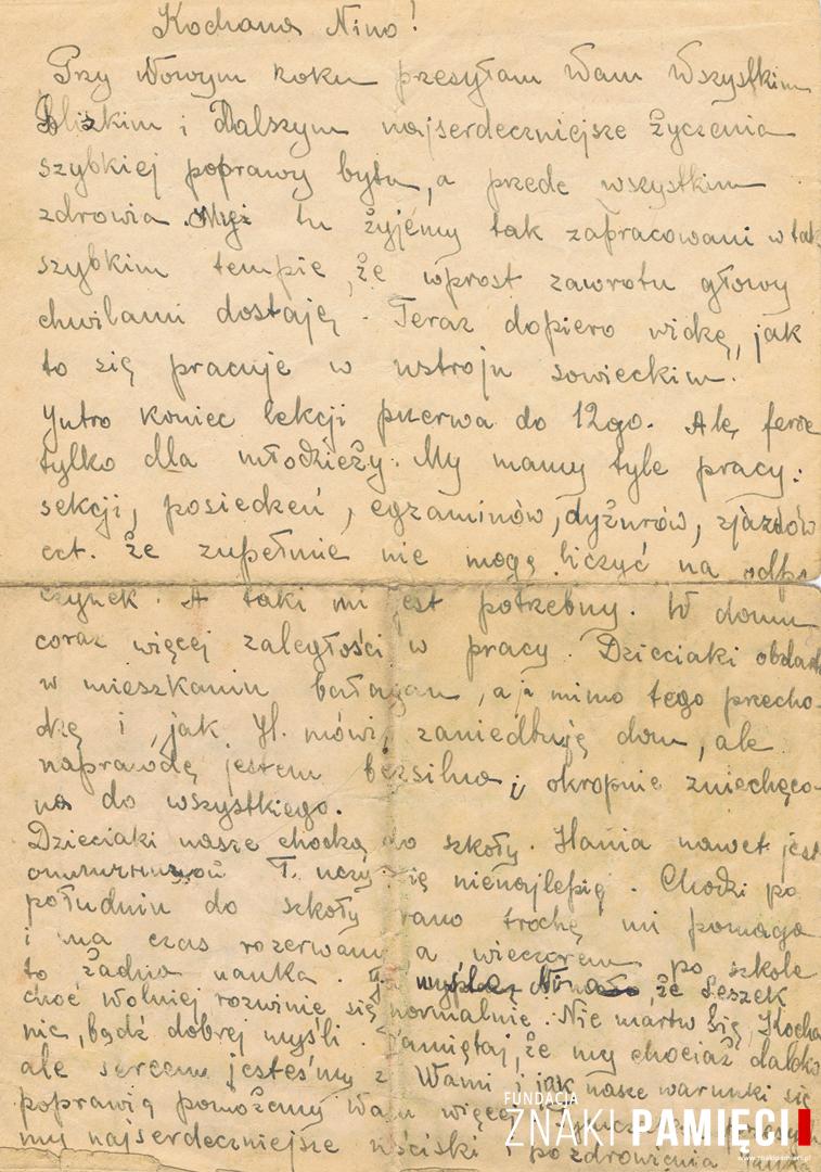      List do Janiny Popławskiej, przebywającej na zesłaniu na Syberii, wysłany przez Janinę Nizińską