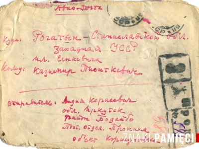 Koperta po korespondencji wysłanej przez Lidię Korasiewicz z zesłania w głąb ZSRS do ojca – Kazimierza Piątkiewicza w obwodzie stanisławowskim