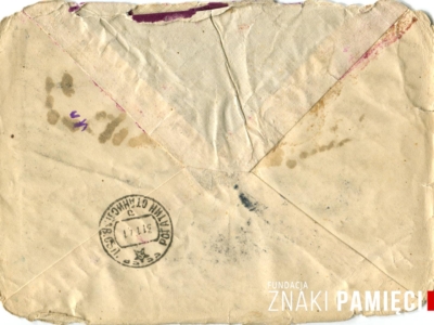      Koperta po korespondencji wysłanej przez Lidię Korasiewicz z zesłania w głąb ZSRS do ojca – Kazimierza Piątkiewicza w obwodzie stanisławowskim