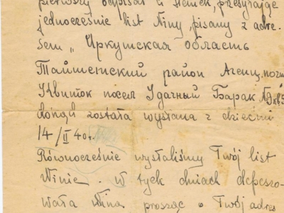 List do wywiezionego w głąb ZSRS Mieczysława Popławskiego, wysłany przez Janinę Nizińską