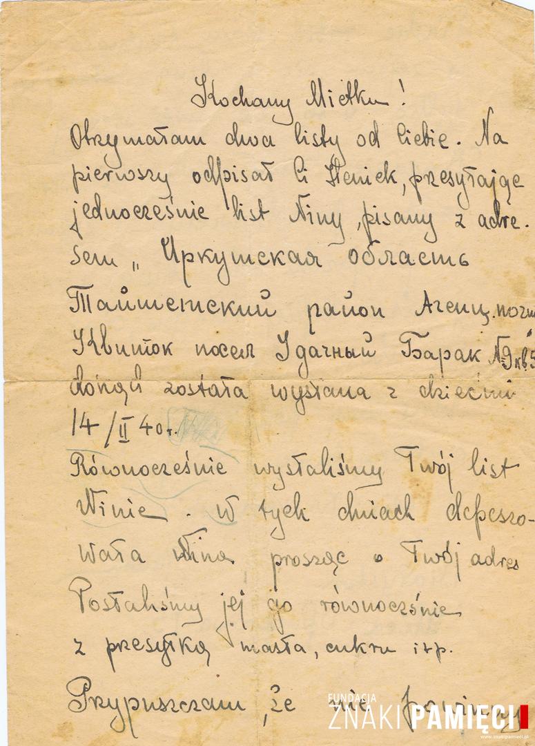 List do wywiezionego w głąb ZSRS Mieczysława Popławskiego, wysłany przez Janinę Nizińską