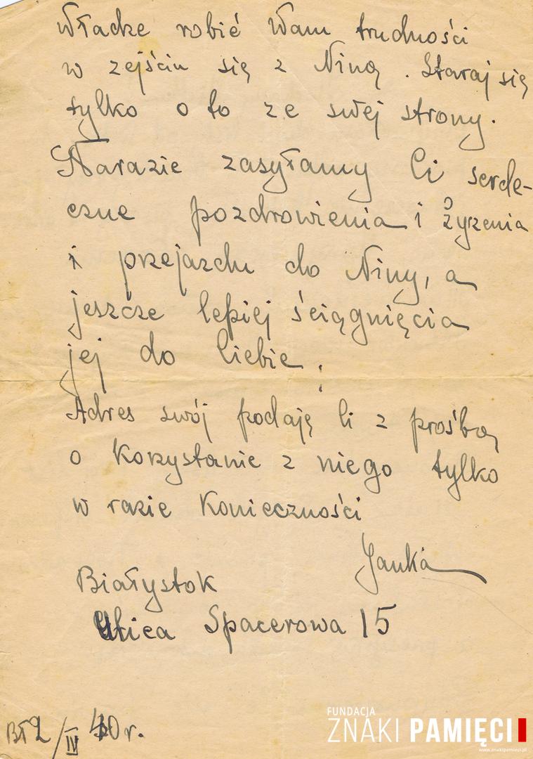 List do wywiezionego w głąb ZSRS Mieczysława Popławskiego, wysłany przez Janinę Nizińską