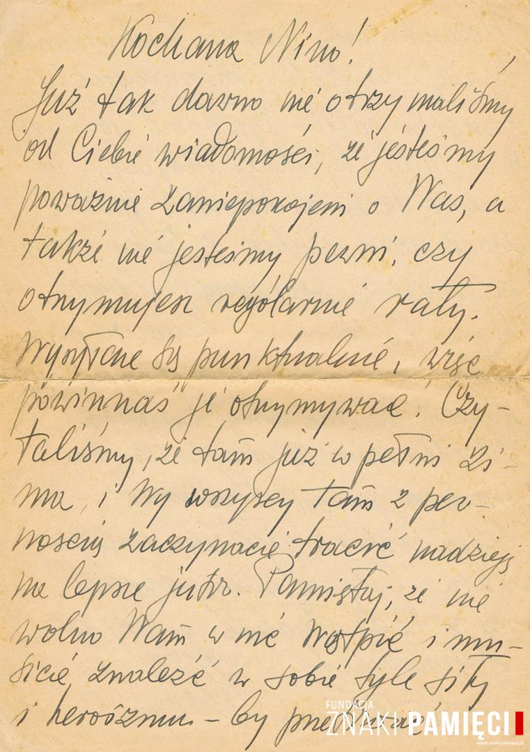 List do Janiny Popławskiej, przebywającej na zesłaniu na Syberii, wysłany przez Henryka Nizińskiego