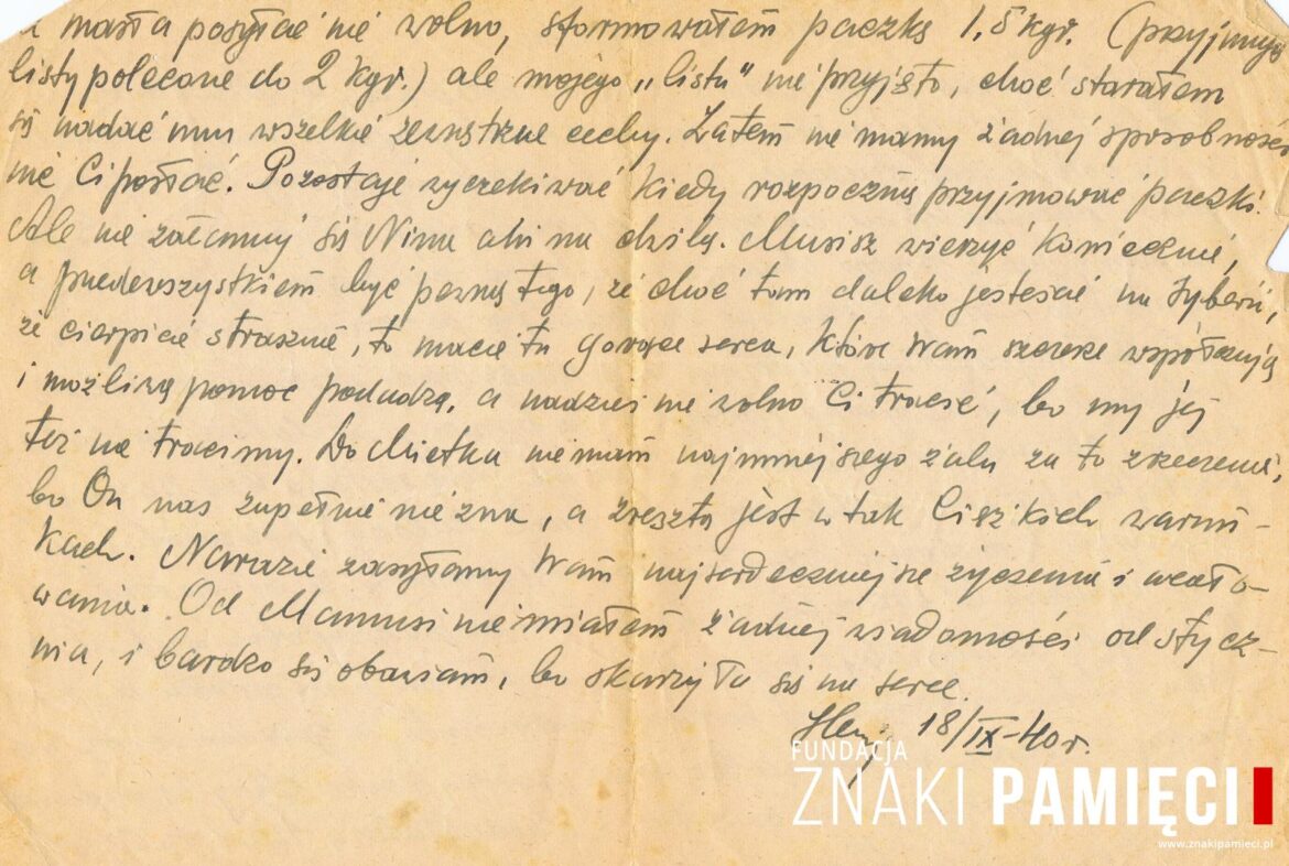 List do Janiny Popławskiej, przebywającej na zesłaniu na Syberii, wysłany przez Henryka Nizińskiego