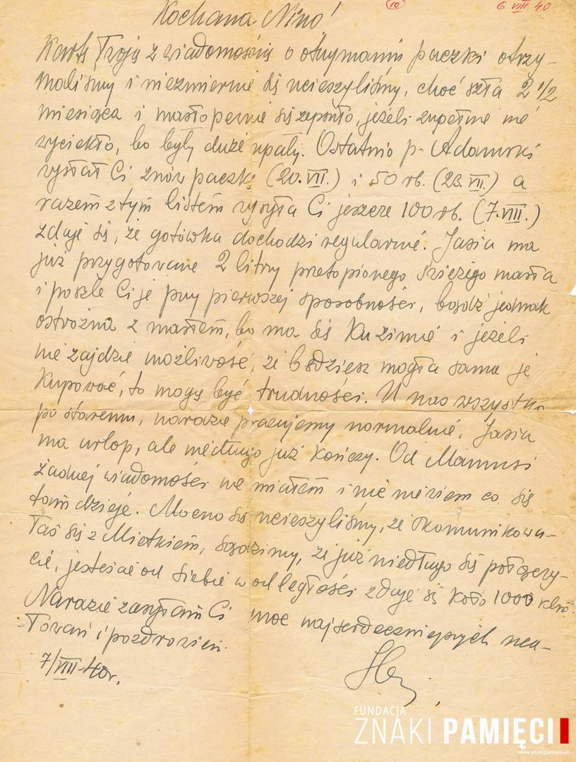 List do Janiny Popławskiej, przebywającej na zesłaniu na Syberii, wysłany przez Henryka Nizińskiego