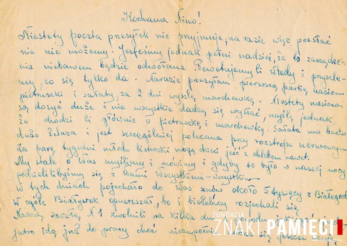 List do Janiny Popławskiej, przebywającej na zesłaniu na Syberii, wysłany przez Janinę Nizińską