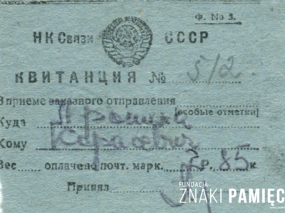Kwit nadania przesyłki pocztowej do rodziny Korasiewiczów przebywającej na zesłaniu w obwodzie irkuckim