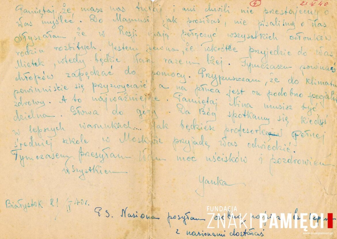 List do Janiny Popławskiej, przebywającej na zesłaniu na Syberii, wysłany przez Janinę Nizińską