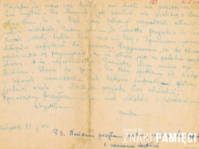 List do Janiny Popławskiej, przebywającej na zesłaniu na Syberii, wysłany przez Janinę Nizińską