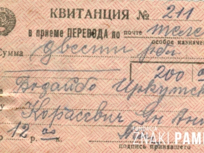 Kwit nadania/odebrania przesyłki 200 rubli, wysłanych do Jana Korasiewicza przebywającego na zesłaniu w obwodzie irkuckim