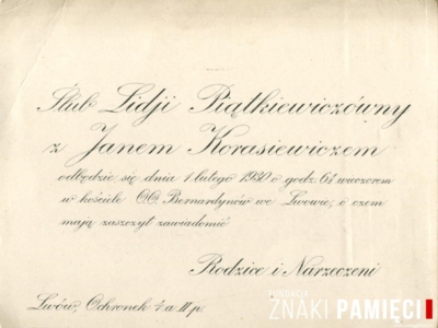 Zaproszenie na ślub Jana Korasiewicza i Lidii Piątkiewiczówny